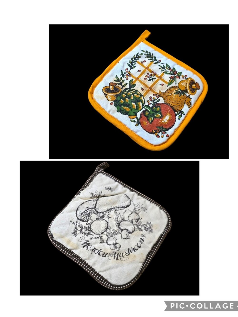 Vintage | Set of 2 Kitchen Pot Holders with Fruit & Mushroom Prints